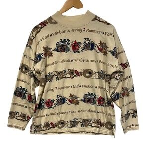 Vintage 90s Bobbie Brooks Seasons Of The Year Sweatshirt Ivory Mock Neck Printed